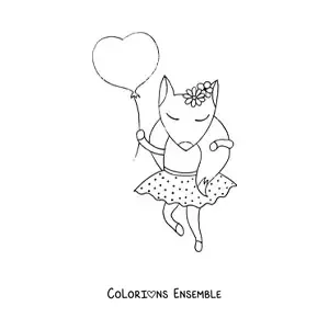 Coloriage d'un renard de dessin animé en robe, tenant un ballon en forme de cœur