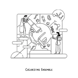 Image à colorier de deux scientifiques et d'un microscope