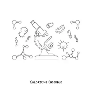 Image à colorier d'un microscope avec des organismes unicellulaires