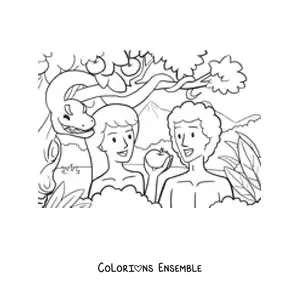 Image à colorier d’une pomme représentant le fruit défendu de la Genèse, avec Adam et Ève
