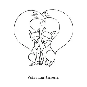 Coloriage d'un couple de renards de dessin animé joignant leurs queues en forme de cœur