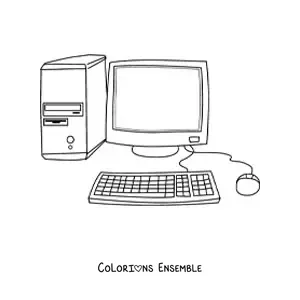 Image à colorier d'un ordinateur avec un clavier et une souris