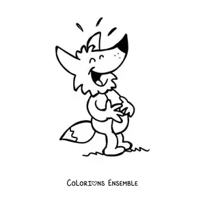 Coloriage d'un renard de dessin animé qui se tient le ventre en riant, les yeux fermés
