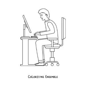 Image à colorier d'un homme assis à un bureau avec un ordinateur moderne