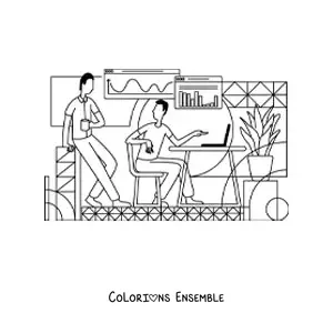 Image à colorier d'un homme dans un bureau avec un ordinateur portable