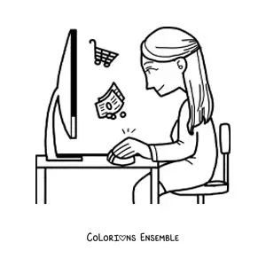 Image à colorier d'une femme faisant des achats en ligne sur l'ordinateur