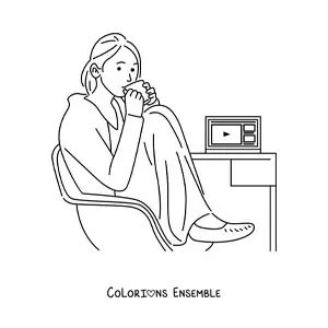 Image à colorier d'une femme assise à un bureau avec un ordinateur portable