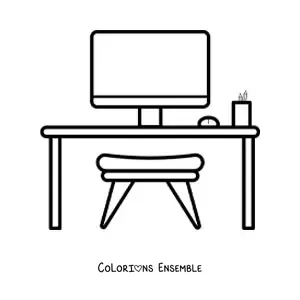 Image à colorier d'un bureau avec un ordinateur