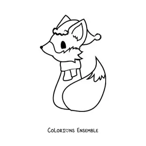 Coloriage d'un renard de dessin animé assis de dos, avec une écharpe et un bonnet de Noël