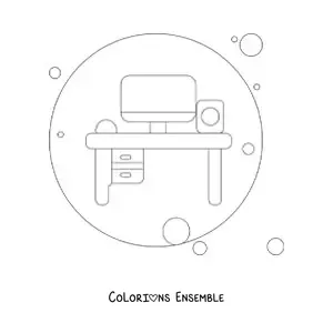Image à colorier d'un bureau personnel avec un ordinateur