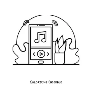 Image à colorier d'un téléphone portable qui joue de la musique