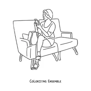 Image à colorier d'une femme assise sur le canapé qui utilise son téléphone
