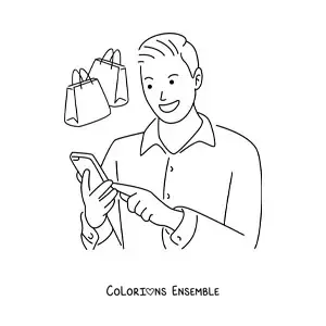 Image à colorier d'un homme faisant des achats en ligne depuis son téléphone portable