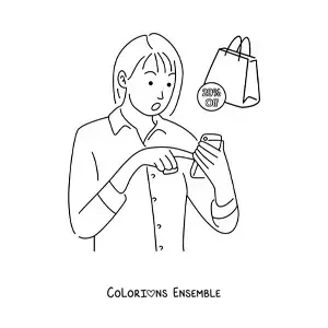 Image à colorier d'une femme faisant des achats en ligne depuis son mobile