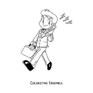 Image à colorier d'un homme en costume avec une mallette qui parle dans un ancien téléphone