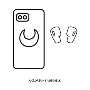 Image à colorier d'un téléphone avec un dessin de lune et des écouteurs sans fil