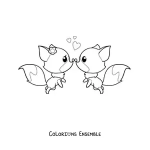 Coloriage d'un couple de renards kawaii de dessin animé qui se touchent le bout du nez