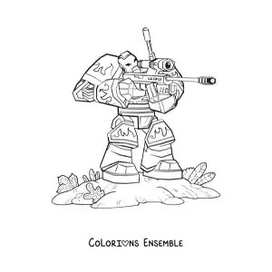 Image à colorier d'un robot de guerre qui tire avec une arme