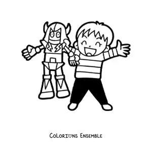 Image à colorier d'un garçon avec un robot jouet