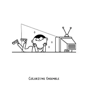 Image à colorier d'un garçon qui regarde la télévision