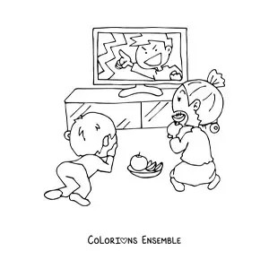 Image à colorier d'une mère et son fils qui regardent la télévision