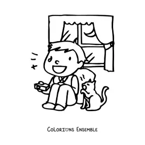 Image à colorier d'un garçon qui regarde la télévision assis sur le canapé