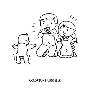 Image à colorier de deux parents qui prennent une photo de leur bébé