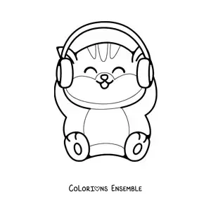 Image à colorier d'un chat kawaii tout animé avec un casque sur la tête