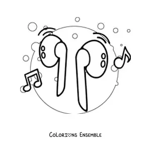 Image à colorier d'écouteurs sans fil avec des notes de musique