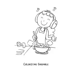 Image à colorier d'une femme qui cuisine en écoutant de la musique