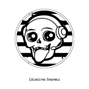 Image à colorier d'un crâne tout animé qui écoute de la musique