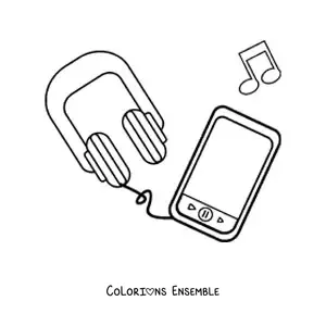 Image à colorier d'un smartphone avec des écouteurs et des notes de musique