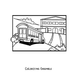 Image à colorier d'un bus scolaire qui arrive à l'école