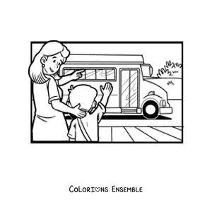 Image à colorier d'un garçon qui prend le bus scolaire