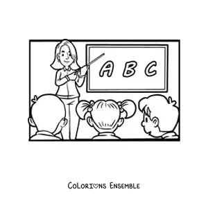 Image à colorier d'une enseignante et de ses élèves de primaire dans la classe