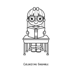Image à colorier d'une fille kawaii qui lit un livre à son pupitre
