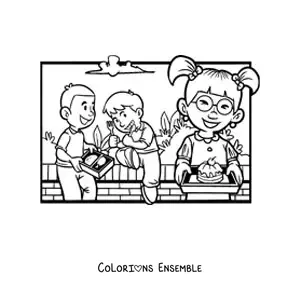 Image à colorier d'enfants qui déjeunent à la récréation