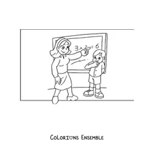 Image à colorier d'une enseignante et d'un enfant en cours de mathématiques