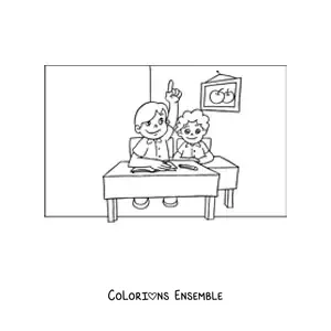 Image à colorier d'un élève qui lève la main dans la classe de primaire