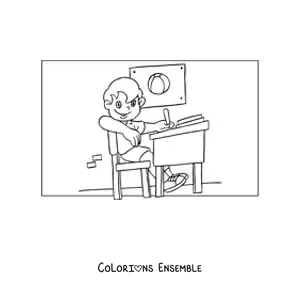Image à colorier d'un garçon qui fait ses devoirs en classe