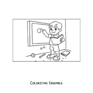Image à colorier d'un garçon qui écrit au tableau