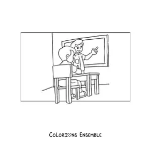 Image à colorier d'un enseignant qui fait cours à un élève dans la classe