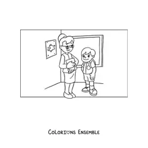 Image à colorier d'une enseignante et d'un élève dans la classe de primaire