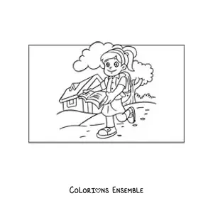 Image à colorier d'une fille avec un livre pour faire ses devoirs