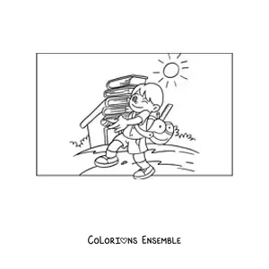 Image à colorier d'un garçon qui porte des livres pour faire ses devoirs