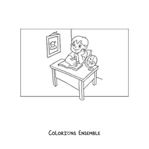 Image à colorier d'un garçon assis à son pupitre qui fait ses devoirs