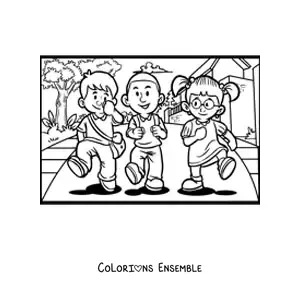 Image à colorier de trois enfants qui marchent vers l'école
