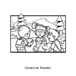 Image à colorier de trois enfants dans la cour de l'école