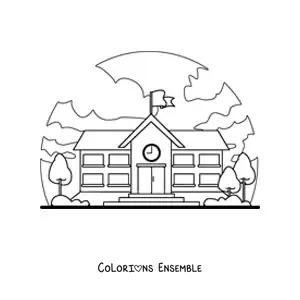 Image à colorier d'une école dans un paysage
