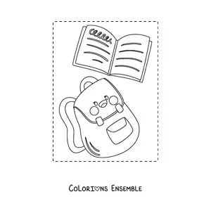 Image à colorier d'un sac à dos d'école kawaii avec un cahier